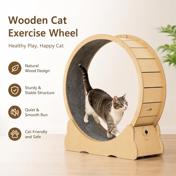 Cat Exercise Wheel for Indoor Cats, 36" Cat Treadmill Wheel with Detachable Carpeted Runway, Natural Solid Wood Sturdy Running Wheel for Running/Training/Walking, Suitable for Most Cats