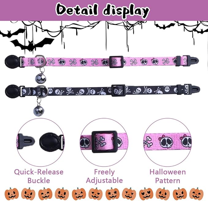 PUPTECK Cat Collar Breakaway with Bells, Kitten Collar Outfit Adjustable for Girl Boy Small Pet Puppy Bunny, Cute Costume Accessory with Safety Release Buckle (Skull)
