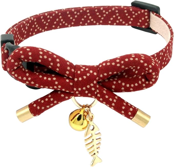 Cute Bowtie Cat Collar with Bell. Japanese Stylish Bowknot & Fish Charm. Safety Breakaway, Soft, Lightweight, for Girl Boy Male Female Cats Kitten,Red