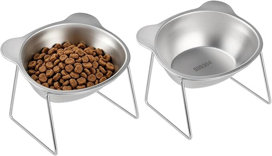 2 Pcs Elevated Cat Bowls, 304 Stainless Steel Tilted Food and Water Pet Feeder, 15° Neck Guard Design, Whisker Friendly, Non-Slip Base, 4.9 x 4.3 x 4.1 in for Small Cats, Dogs, Puppies