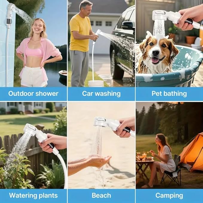 Portable Camping Shower Pump, Rechargeable Outdoor Shower Head Sprayer, Pumps Water from Bucket. For Camping, Hiking, Travel, Pet Cleaning, Car Washing