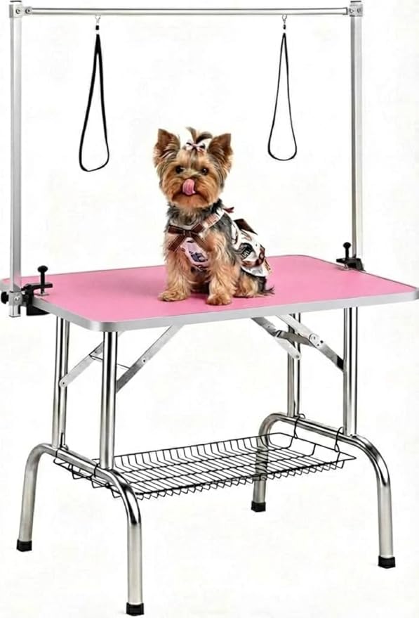 36 Inch Dog Grooming Table, Foldable Pet Grooming Station, Portable Dog Grooming Table with Adjustable Arm & Safety Noose, Non-Slip Surface, Mesh Storage Tray, 330 Lb Capacity for Dogs & Cats