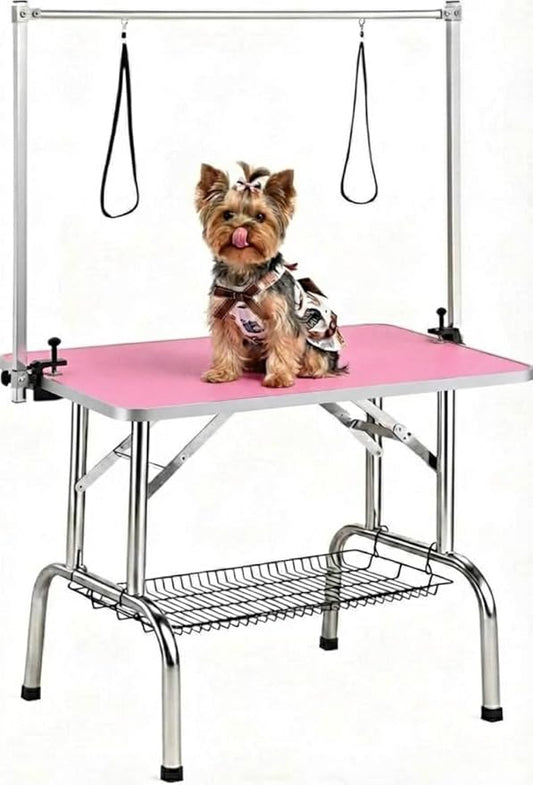 36 Inch Dog Grooming Table, Foldable Pet Grooming Station, Portable Dog Grooming Table with Adjustable Arm & Safety Noose, Non-Slip Surface, Mesh Storage Tray, 330 Lb Capacity for Dogs & Cats
