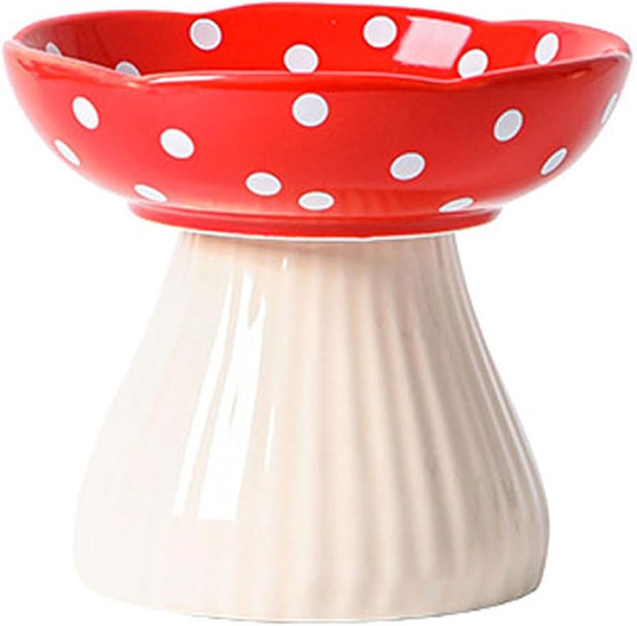 Mushroom Elevated Cat Bowls Ceramic, Raised Cat Bowl for Indoor Cats, Cute Cat Bowls Whisker Fatigue, Raised Dog Bowls Stand for Food and Water, Red 6" Wide for Adult Cats