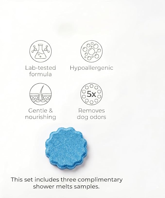 Dog Shower Sprayer Kit with Natural Odor-Eliminating Crystals, Pet Bathing Tool with Massage Brush, Easy ON/OFF Switch, 8.2ft Flexible Silicone Hose, Brass Diverter, Lick Mat & Clog-Free Drain