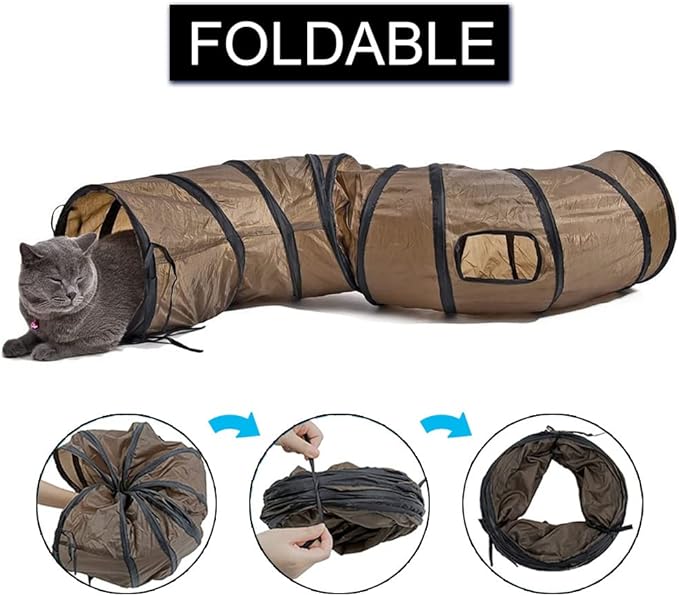 Andiker Cat Tunnel, S-Shape Cat Tube Collapsible Kitten Play Toy with 2 Side Holes for Kitten Exercising Hiding Training and Running Cats Toy for Indoor Cats(Brown)