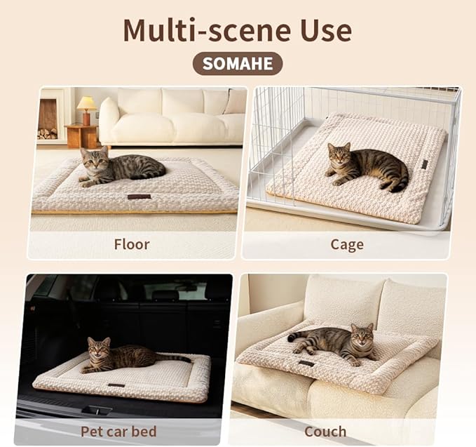 SOMAHE Cat & Dog Bed Mat, Soft Plush Flat Cat Bed with Non-Slip Bottom, 1.2" Thick All-Season Kneading Cushion, Machine Washable Pet Bed for Cats & Small Dogs 20×27Inch, Milk