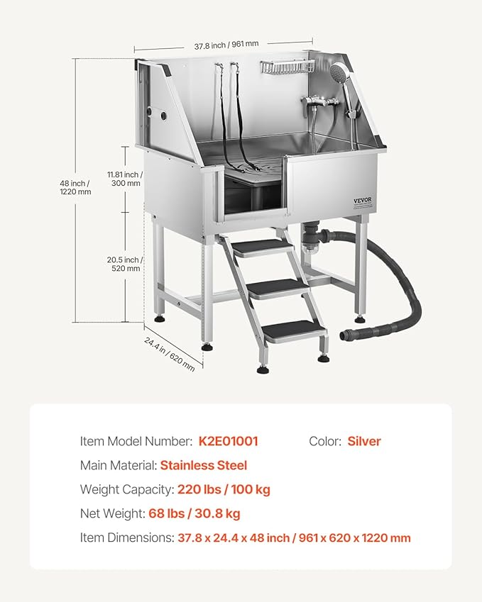 VEVOR 38 Inch Stainless Steel Dog Washing Station, Pet Grooming Tub with Hot & Cold Faucet, Showerhead, Home Wash Sink, Fits Small and Medium Cats and Dogs, Non-Slip Stairs (Left Door)