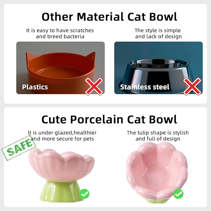 DIF DECO Ceramic Raised Cat Bowl, Pink Elevated Food Bowls for Food and Water Protecting Spine and Whiskelfriendly,Tulip Shape Cute Pet Feeder Dish for Indoor Cats and Small Doas(Height 4.1 inch)
