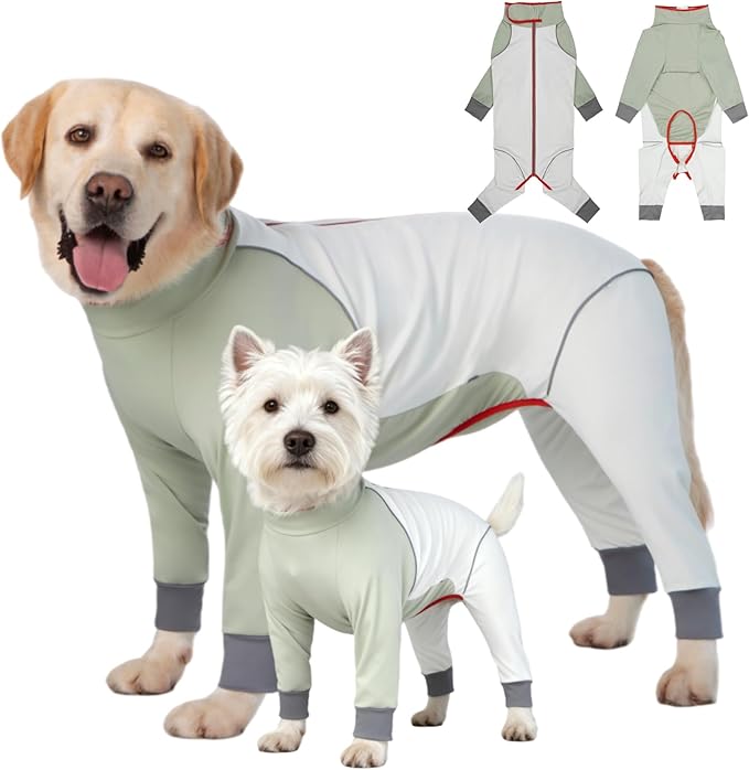Dog Onesie Coat - Water-Repellent & Stretchable, Dirt-Resistant Outdoor Puppy Suit with Reflective Strips | Controls Shedding | for Small, Medium, Large Dogs (Beige, XL(Weight 13-22 lbs))