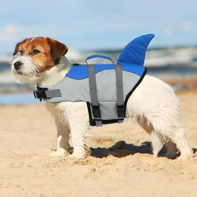 EMUST Shark Life Jackets for Dogs, Adjustable Ripstop Dog Life Vest for Water Safety Pet Life Vest with Rescue Handle Safety Vest for Swimming Pool Beach Boating, (L,Blue)