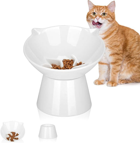 7 Inch Extra Wide Detachable Slow Feeder, Cat Bowl- Elevated Cats Feeder Tilted, Large Raised Cat Food Bowl Whisker Friendly, for Indoor Cats and Small Dogs Anti-Vomiting White