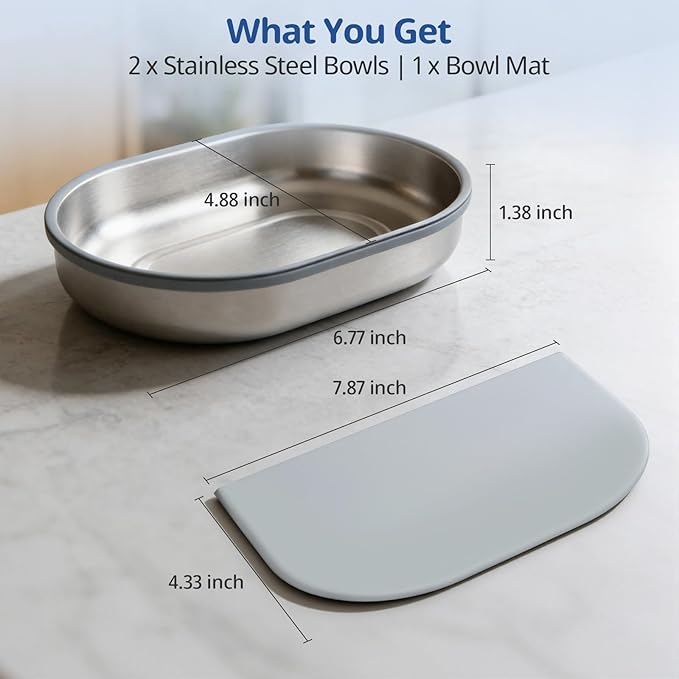 2-Pack Stainless Steel Cat Bowls + 1 Feeding Mat, Specially Designed for Automatic Microchip cat feeders Upgraded Rubber Sealing Ring Design, Durable, Safe for Hands and Pets During Cleaning