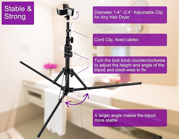 Purple River Hair Dryer Stand 20" to 63" Adjustable Blow Dryer Holder with Tripod and Universal Clip, Easy to Use, Hands Free Relieve Wrist Pain, Shoulder Periarthritis etc (Black)