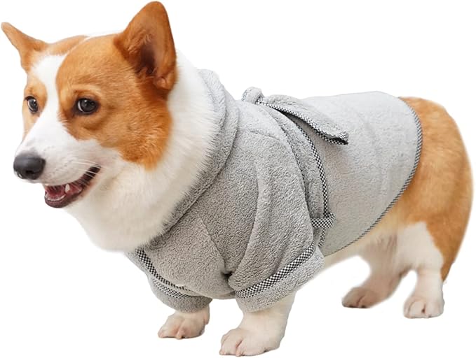 Dog Bathrobe, Microfiber Fast Drying Absorbent Hooded Bath Towel White for Puppy Small Medium Large Dog Cat (2XL, Gray)