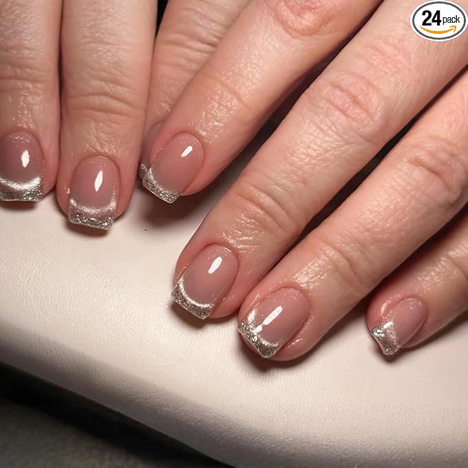 yefiuo Summer Press on Nails Short Square Glitter French Fake Nails Press ons Cat's Eye Acrylic False Nails Glue on Nails Reusable Nail Tips Kit Full Cover Stick on Nail Supplies for Women Girls 24Pcs