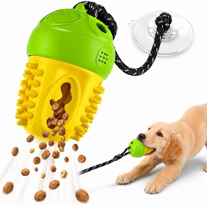 Dog Enrichment Toy with Strong Suction Cup, Treat Dispensing Dog Puzzle Toy for Small & Medium Dogs, Interactive Tug Toy, Mental Stimulation, Boredom Relief & Dental Cleaning,Green Yellow