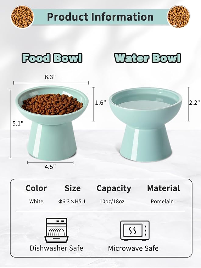 LoeJan Elevated Cat Food and Water Bowls Set, Extra Wide and Raised Ceramic Feeder, Anti-Vomit Whisker-Free Pressure Feeding Bowl for Kittens Adult Small Dogs, Blue