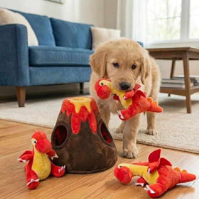 MODERN WAVE - Interactive Squeaky Plush Hide and Seek Squirrel Type Puzzle Toy for Dogs, Medium Size (Volcano and Dragons)