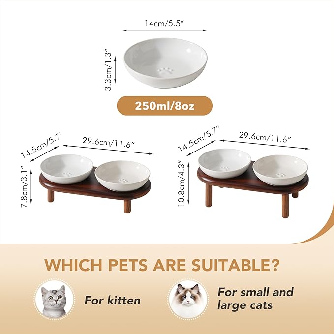 Havniva Elevated Cat Bowls Raised Ceramic Cat Bowl, 5.9” Wide Opening Cat Food Bowl Whisker Friendly Cat Dish Anti-Slip with Wood Stand, Shallow Pet Food & Water Bowl for Indoor Cats