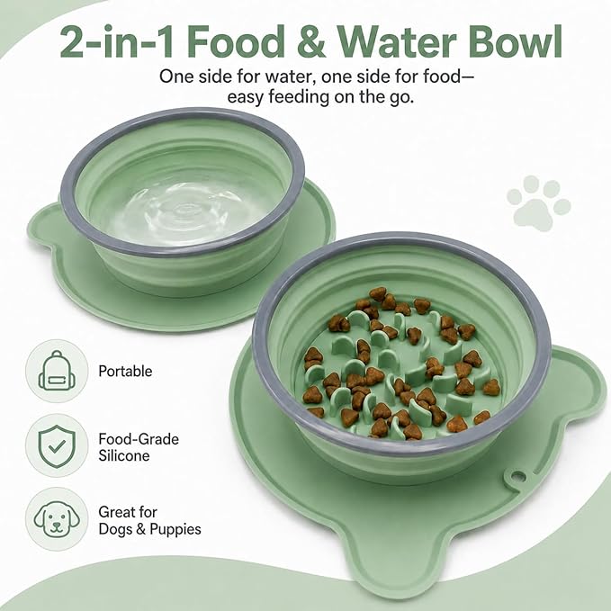 Collapsible Dog Bowls, 2-in-1 Silicone Pet Food and Water Bowl with Carabiner - Portable Double Compartment Travel Dish for Dogs, Ideal for Camping, Hiking, Car Rides, Puppy Essentials(Green)