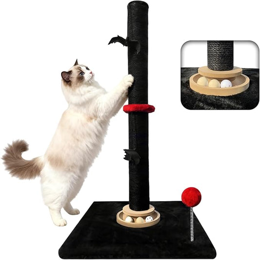 Gothic 27'' Scratching Post, Cat Scratcher Indoor, Wooden Ball Track Toy, Hanging Ball, Bouncy Ball, Interactive Toy Furniture for Kittens Adult Cats, Black Red