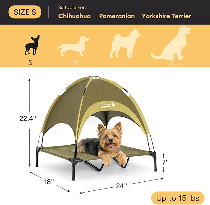 FUNNY FUZZY Elevated Dog Bed with Canopy, Green, Small (24"x18"x7") – Outdoor Pet Cot with UV Protection, Breathable Mesh for Cooling, Indoor & Outdoor Use for Dogs up to 120 lbs,Green