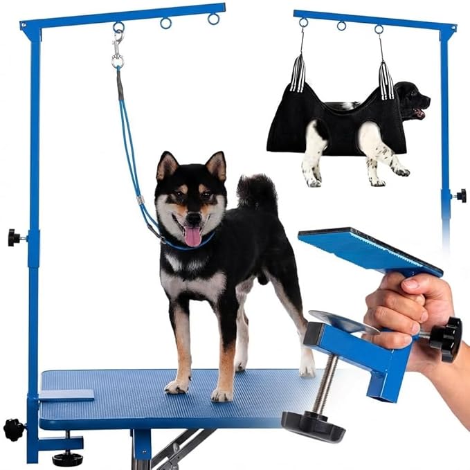 Dog Grooming Table Arm with Hammock - Adjustable Height, Pet Grooming Hammock, No Sit Haunch Holders, Loop Noose Heavy-Duty Clamp (Blue)