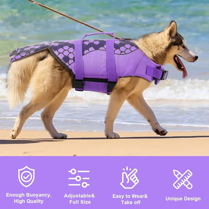 EMUST Dog Life Jacket Mermaid, Ripstop Dog Life Vests with Rescue Handle for Small Medium and Large Dogs, Pet Safety Swimsuit Preserver for Swimming Pool Beach Boating, PurpleMermaid, XS