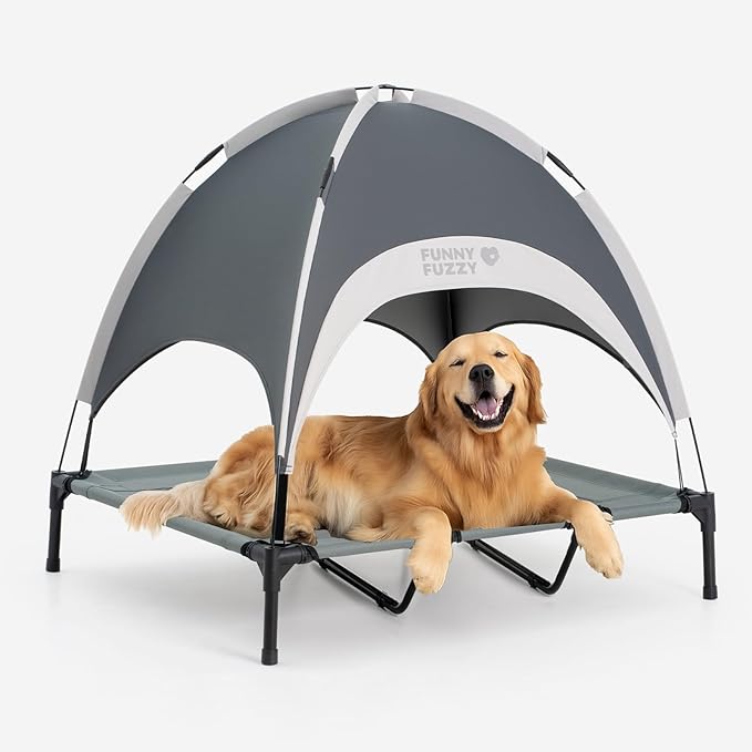 FUNNY FUZZY Elevated Dog Bed with Canopy,Grey, X-Large(48"x36"x9")–Outdoor Pet Cot with UV Protection, Breathable Mesh for Cooling, Indoor & Outdoor Use for Dogs up to 120 lbs