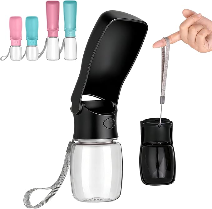 Portable Dog Water Bottle, Foldable Dog Water Bottle Leak Proof Dispenser for Puppy Small Medium Large Dogs, Pet Drink Cup for Walking Hiking Traveling(Black,12oz)