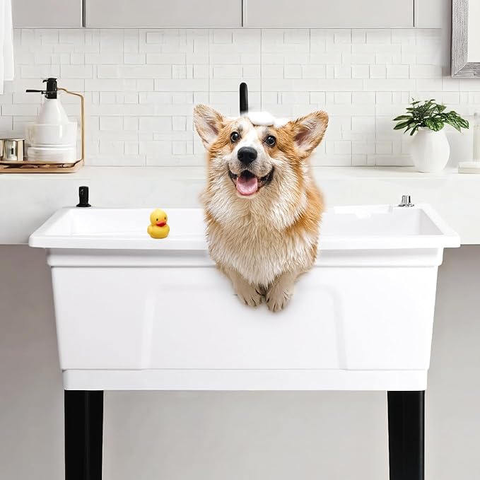Bonnlo 37-Gallon Freestanding Utility Sink with Faucet, 36" Heightened Basin for Laundry, Garage, Outdoor Garden, Pet Wash, Heavy Duty Plastic Laundry Tub with Storage Shelf, 40"L×24"W×36"H (White)