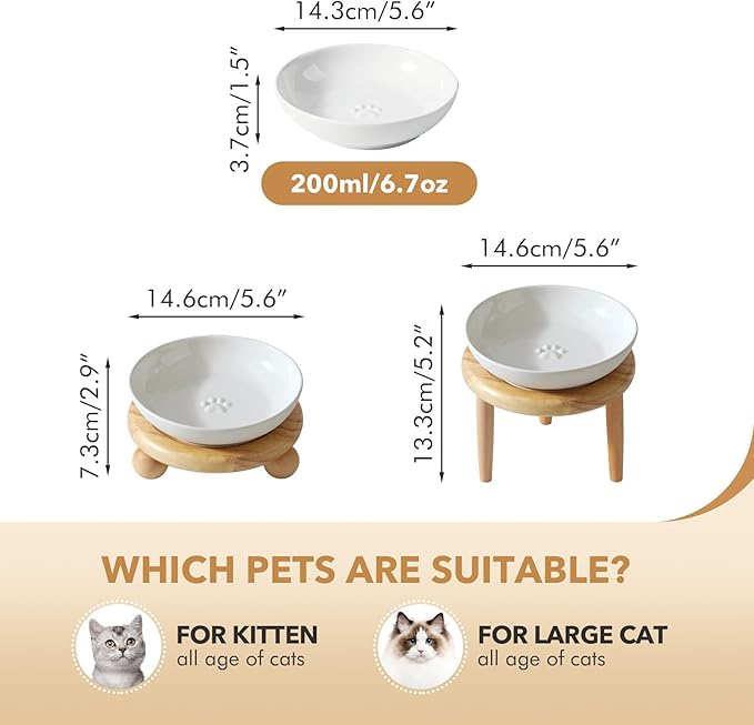 Havniva Cat Bowls Elevated 5.6” Ceramic Cat Bowl with Stand Whisker Friendly Shallow Cat Dishes, Cat Food & Water Bowl Set with Two Heights Options, Anti-Slip Raised Cat Food Bowl for Kitten