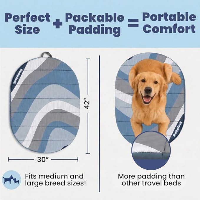 Travel Dog Bed (42" x 30") – Foldable & Packable for Travel, Road Trip, Camping – Lightweight, Water Resistant & Cozy Soft Padding – Compact, Portable & Machine Washable – Medium & Large Breeds: Blue
