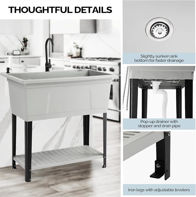 ROVSUN 37-Gallon Freestanding Utility Sink with Faucet, 36" Heightened Basin for Laundry, Garage, Outdoor Garden, Pet Wash, Heavy Duty Plastic Laundry Tub with Storage Shelf, 40"L×24"W×36"H, Gray