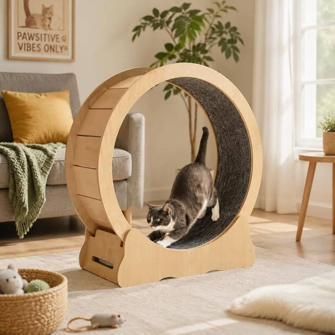 Cat Exercise Wheel for Indoor Cats, 36" Cat Treadmill Wheel with Detachable Carpeted Runway, Natural Solid Wood Sturdy Running Wheel for Running/Training/Walking, Suitable for Most Cats