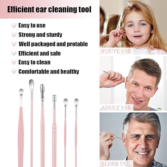 6 Pcs Ear Pick Earwax Removal Kit, Ear Cleansing Tool Set, Ear Curette Cleaner, 360° Spiral Design Ear Canal Cleaner Stainless Steel, with a Storage Box Portable Kit for Home and Travel(Pink)