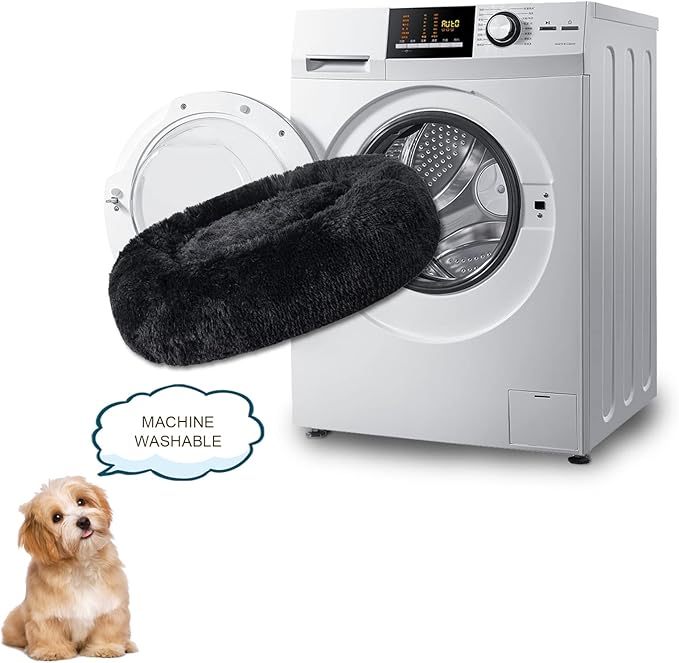 Patas Lague Calming Dog Bed for Large Dogs, Fluffy Soft Cozy Cat Bed, Faux Fur Anti-Anxiety Plush Washable Pet Donut Cuddler for All Seasons 36IN, Black