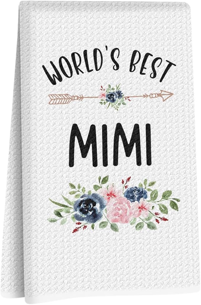 World’s Best Mimi Gifts Kitchen Towels 24x14 Inch, Floral Waffle Absorbent Tea Dish Hand Towels, Reusable Dish Towel for Kitchen Bathroom Decor, Birthday Christmas Thanksgiving Gifts for Mimi Grandma