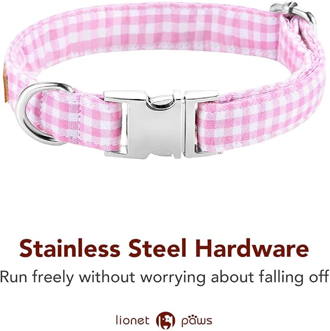 Lionet Paws Dog Collar with Bowtie, Comfortable Adjustable Cute Pink Gingham Bow Tie Collar for Female Dogs Gift, XLarge, Neck 16-26 inches