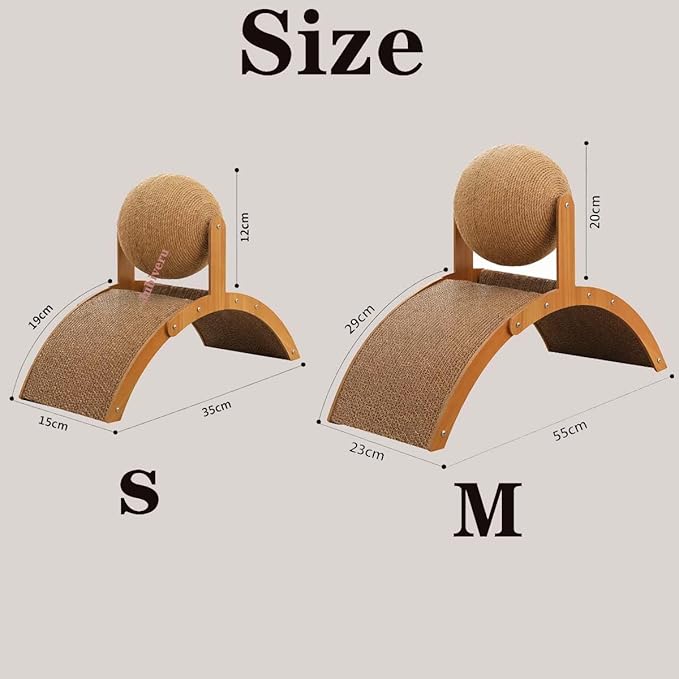 Cat Scratching Ball on Stand, Solid Wood Slanted Cat Scratching Board Design, 2-in-1 Interactive Cat Scratcher Toy with Arch Bridge and 360° Rotating Natural Sisal Ball for Indoor Cat Kittens (S)