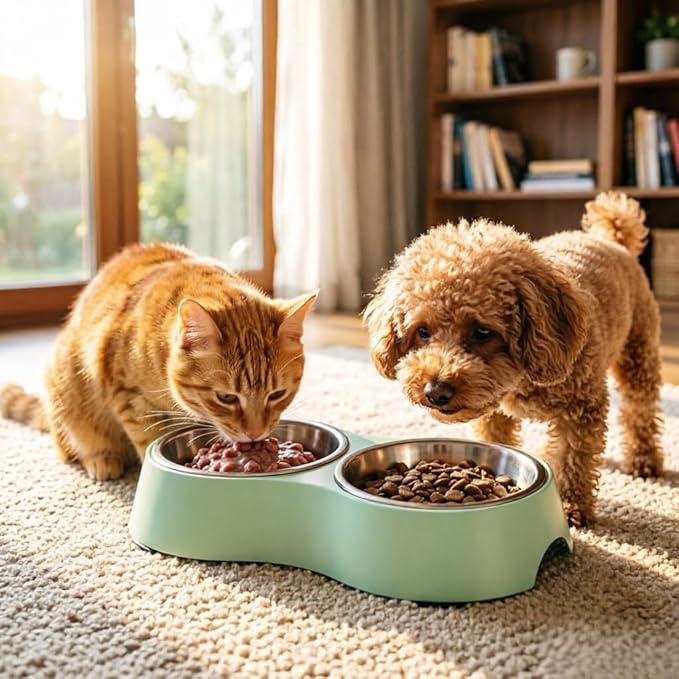Large Green Double Pet Bowl – Non-Slip Stainless Steel Food & Water Set for Medium/Large Dogs & Multiple Cats, BPA-Free Mess-Free Feeding Dishes