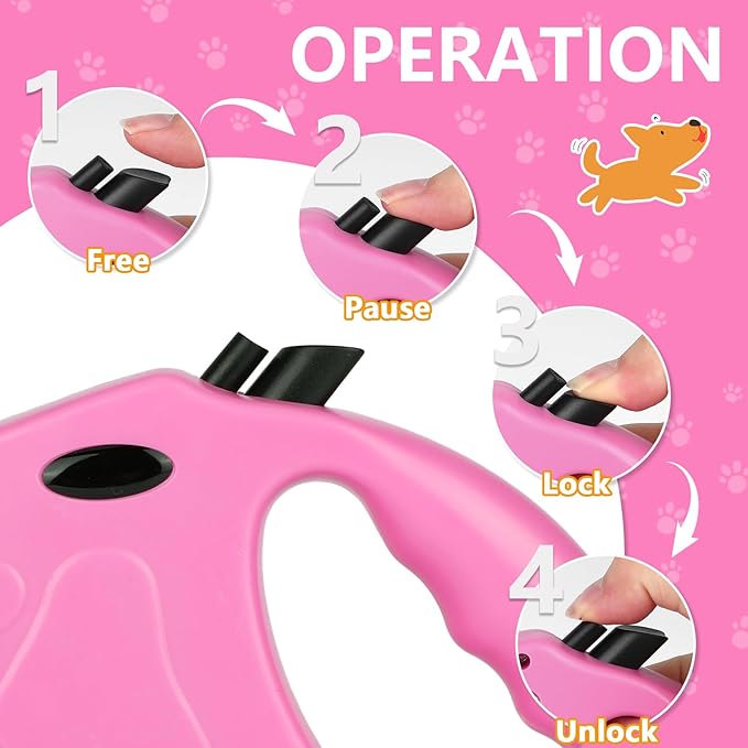 Retractable Dog Leash, 16ft Dog Walking Leash for Small Dogs up to 77lbs, Non-Slip Handle - Pink