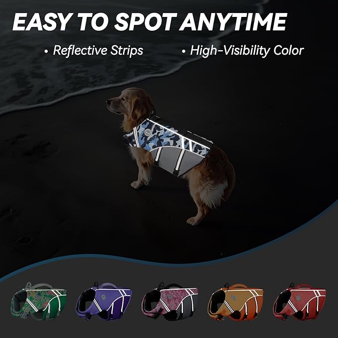 VIVAGLORY Sports Style Dog Life Vest, Dog Life Jacket for Swimming & Boating, Ripstop & Buoyancy for Puppy Doggy, Lifejacket with Handle, M, Camo Blue
