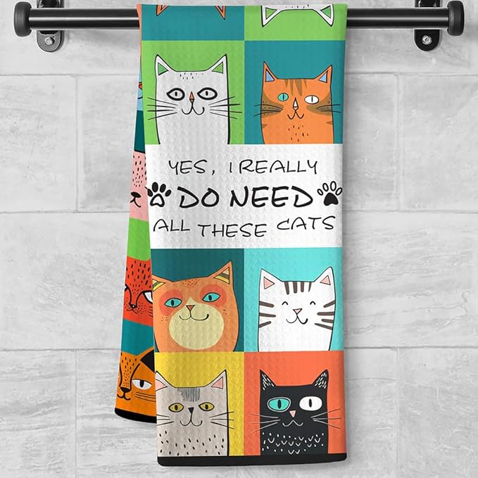 Cat Kitchen Towels - Quick-Dry Grid of Adorable Feline Cubby Art with Proud Collection Declaration, Decorative Dish Towel for Cat Lady Essentials & Whimsical Pet Mom Gifts | Humorous Hand Cloth