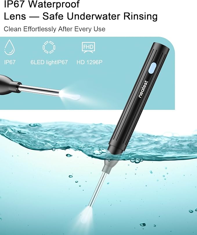 NEATEST Ear Wax Removal Tool with Camera, 1296P HD Wireless Otoscope, 6 LED Lights, IP67 Waterproof, Rechargeable 8 Pcs Ear Cleaning Kit for iOS & Android (Black)