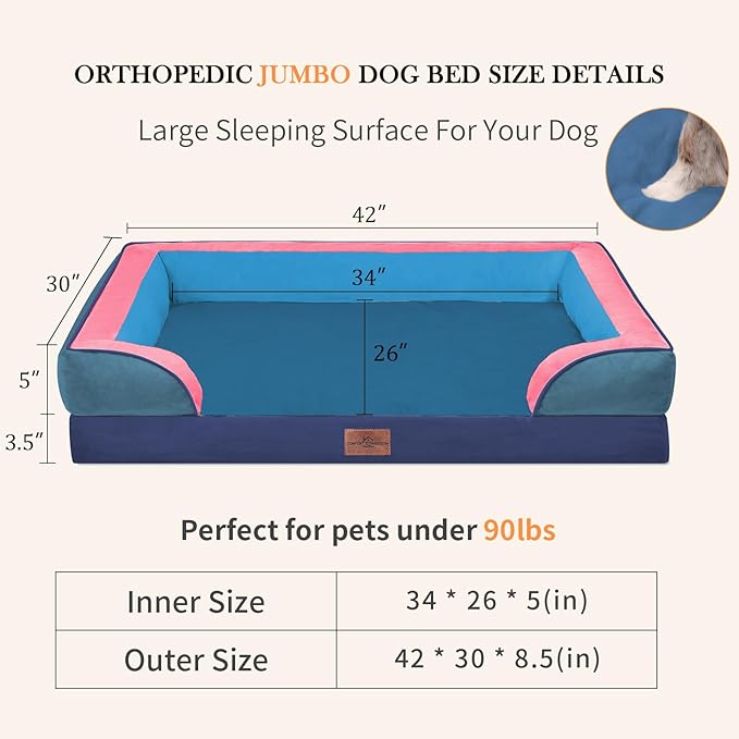 Comfort Expression Orthopedic Dog Bed for Extra Large Dogs 42x30 Inch, Waterproof Egg Crate Foam XL Pet Bed with Bolsters, Dog Couch with Washable Cover & Non-Slip Bottom, Enchanted Cove