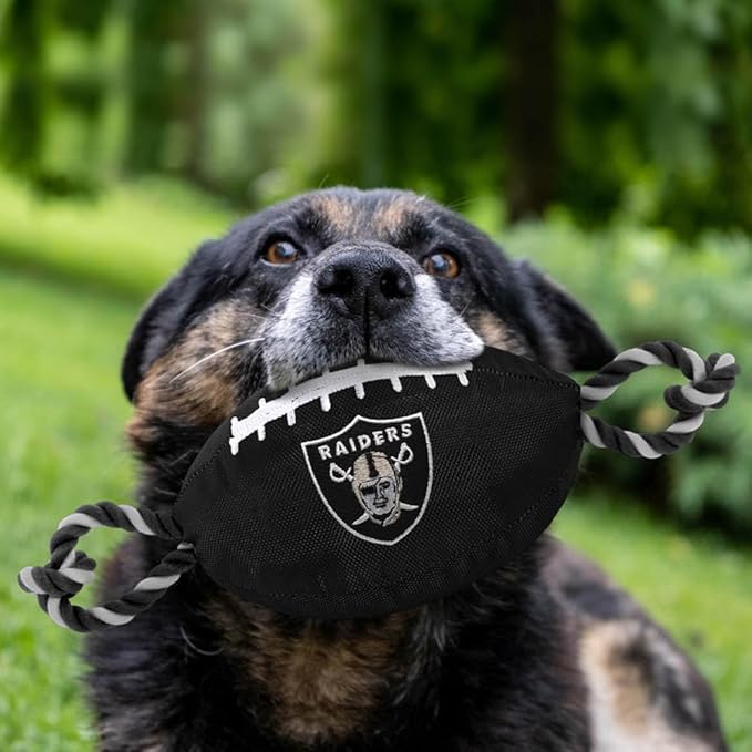 Pets First NFL Raiders Football Dog Toy, Tough Quality Nylon Materials, Strong Pull Ropes, Inner Squeaker, NFL Team Color