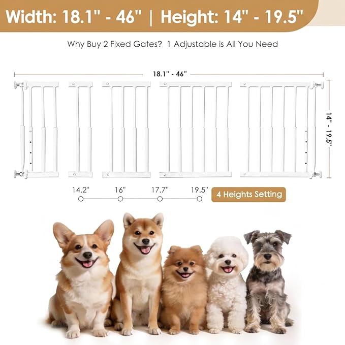 14''-19.5'' Height Adjustable Dog Gate, Extra Wide 18.1"-46" All Metal Short Dog Gate to Step Over, Pressure Mount Small Pet Puppy Gate for Stairs & Doorways(White)