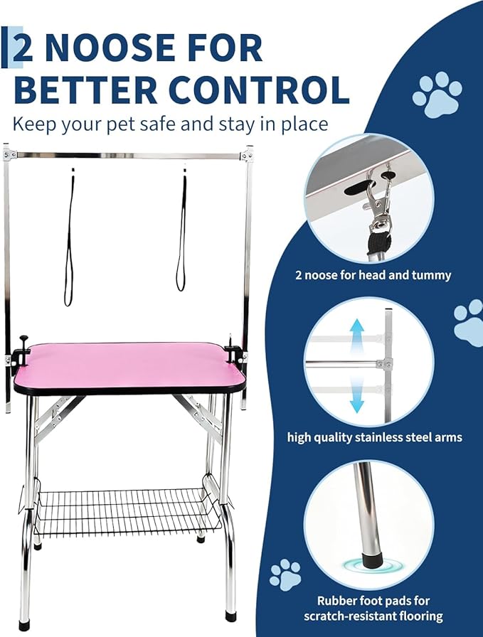 36 Inch Dog Grooming Table, Foldable Pet Grooming Station, Portable Dog Grooming Table with Adjustable Arm & Safety Noose, Non-Slip Surface, Mesh Storage Tray, 330 Lb Capacity for Dogs & Cats
